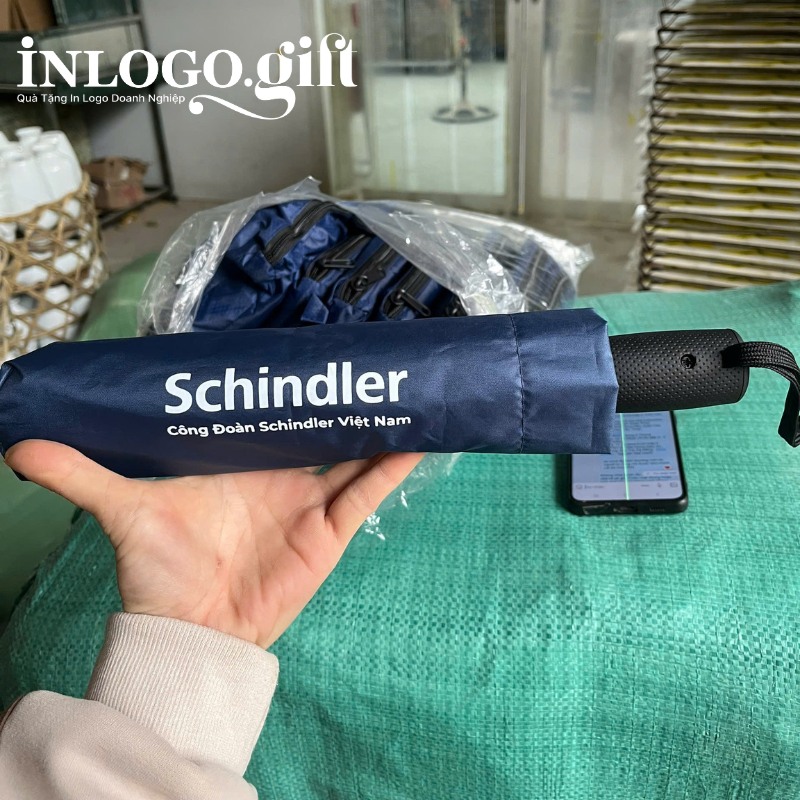 Ô dù in logo gấp 3 tự động 1 chiều vải pongee tráng keo đen màu xanh đen 96cm OD-04