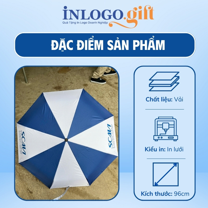 Ô dù in logo gấp 3 tự động 2 chiều vải pongee tráng keo đen màu xanh dương và trắng 96cm OD-02