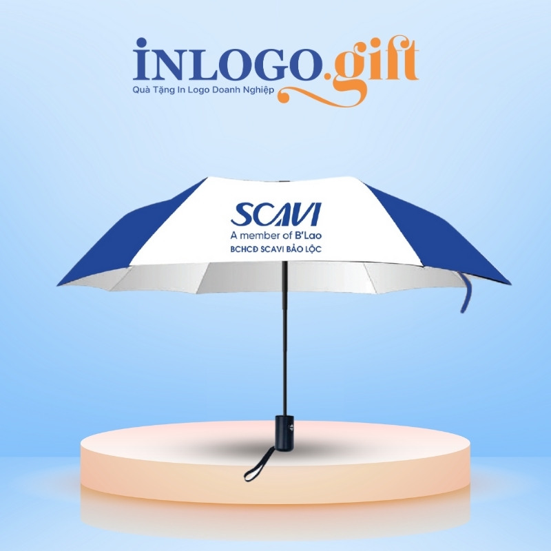 Ô dù in logo gấp 3 tự động 2 chiều vải pongee tráng keo đen màu xanh dương và trắng 96cm OD-02