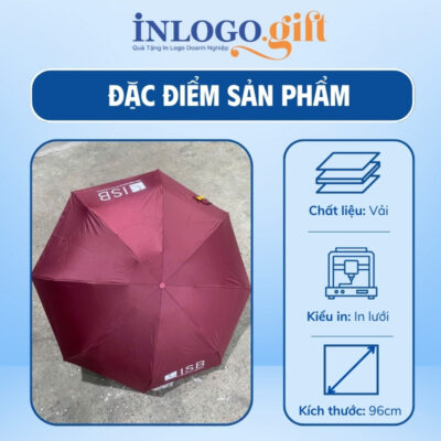 Ô dù in logo gấp 5 tự đẩy vải pongee tráng keo đen màu đỏ 96cm OD-01