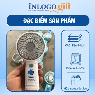 Quạt điện mini in logo cầm tay màu trắng 19cm QD-01