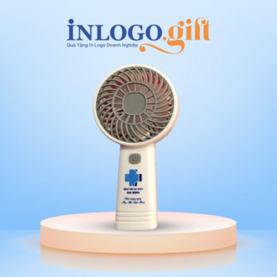 Quạt điện mini in logo cầm tay màu trắng 19cm QD-01