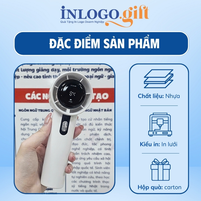 Quạt điện mini in logo cầm tay màu trắng hiển thị dung lượng pin 16.5cm QD-02