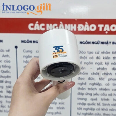 Quạt điện mini in logo cầm tay màu trắng hiển thị dung lượng pin 16.5cm QD-02