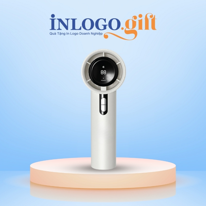 Quạt điện mini in logo cầm tay màu trắng hiển thị dung lượng pin 16.5cm QD-02
