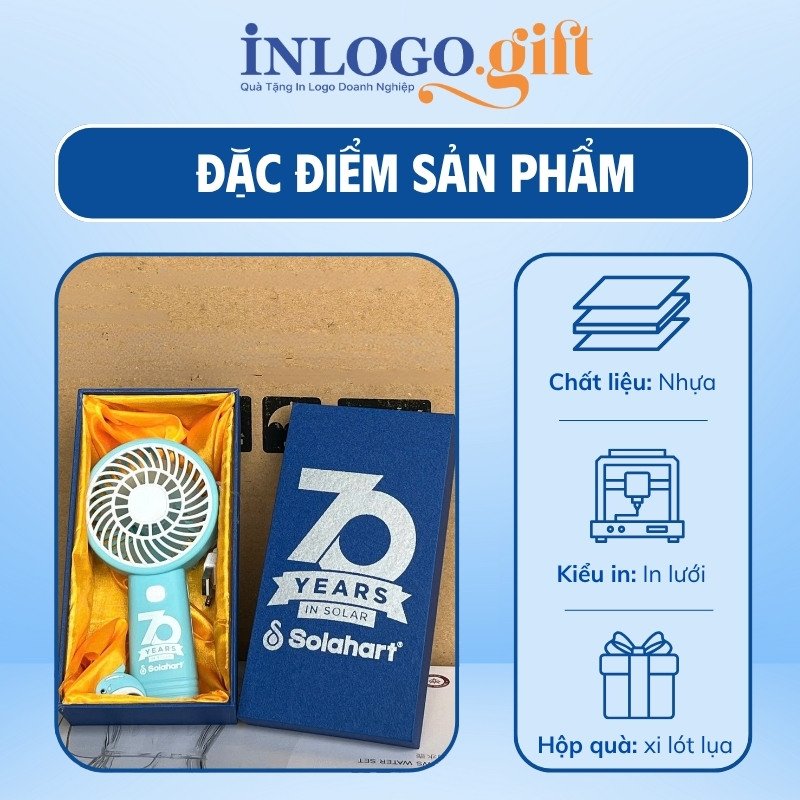 Quạt điện mini in logo cầm tay màu xanh dương 19cm QD-03
