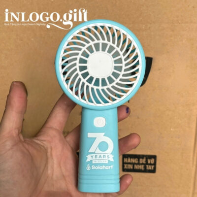 Quạt điện mini in logo cầm tay màu xanh dương 19cm QD-03