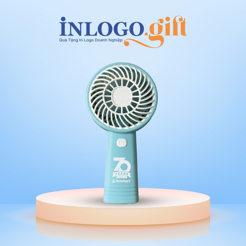 Quạt điện mini in logo cầm tay màu xanh dương 19cm QD-03