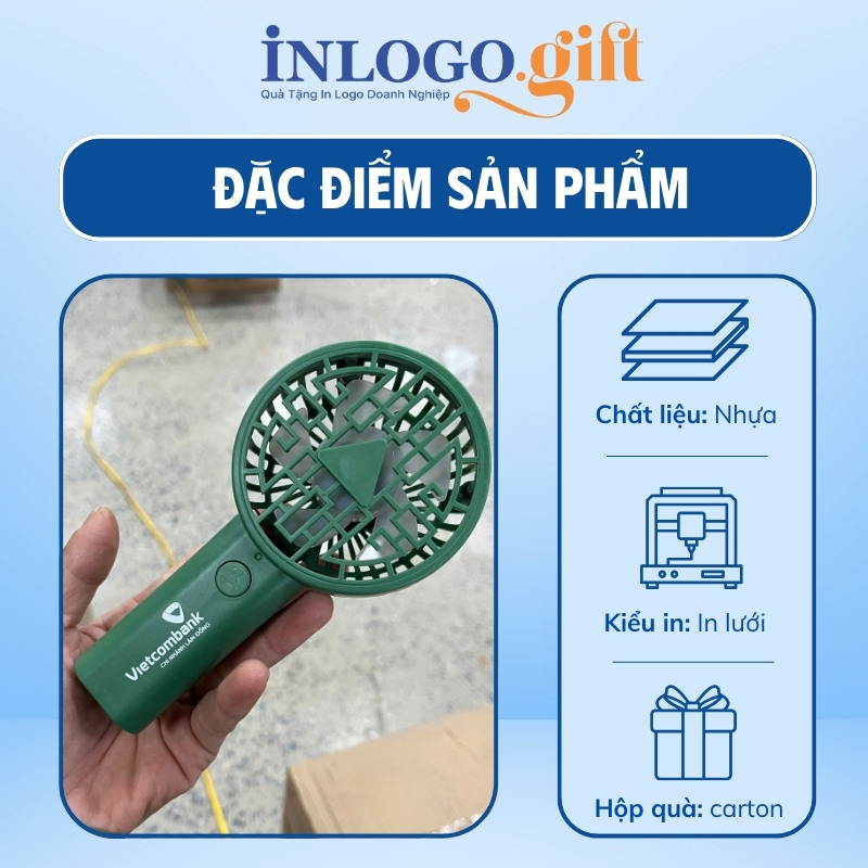 Quạt điện mini in logo cầm tay màu xanh lá 19cm QD-01
