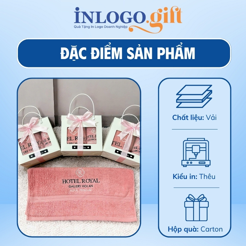 Set 2 khăn tắm và mặt thêu logo màu hồng san hô
