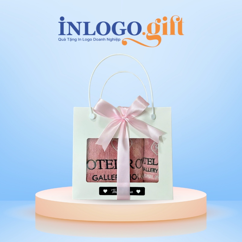 Set 2 khăn tắm và mặt thêu logo màu hồng san hô