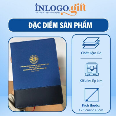 Sổ da in logo còng 2 khúc kín màu xanh dương và đen 17.5cmx23.5cm SD-04