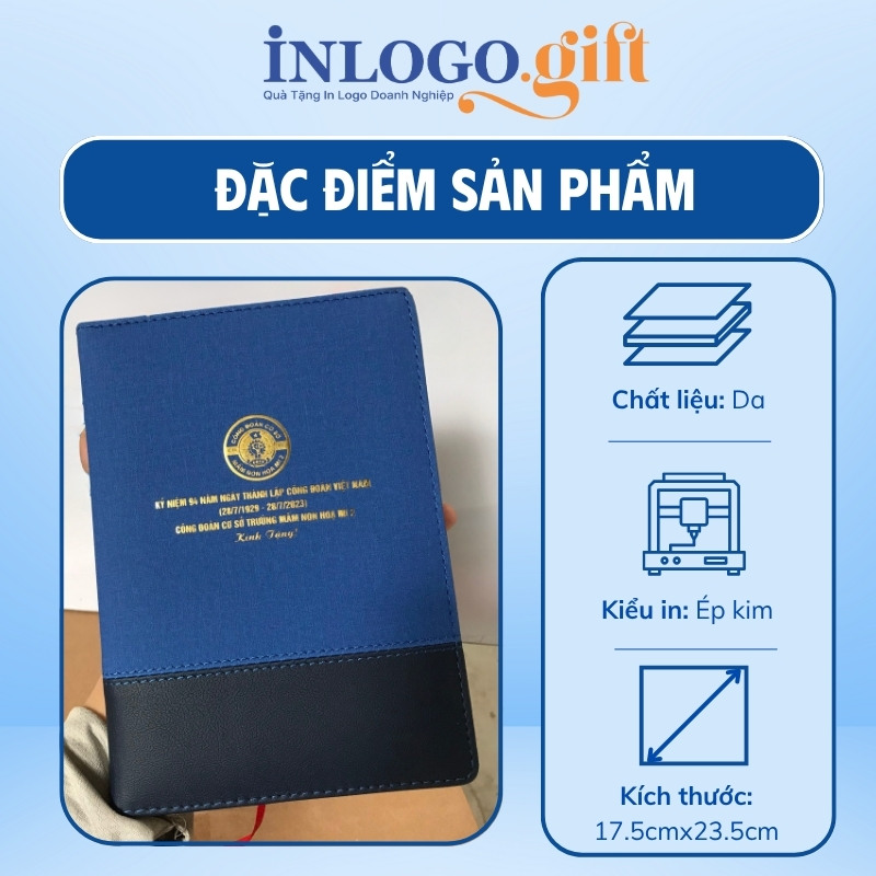Sổ da in logo còng 2 khúc kín màu xanh dương và đen 17.5cmx23.5cm SD-04