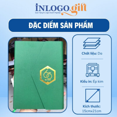 Sổ da in logo dán gáy 3 khúc màu xanh lá 15cmx21cm SD-01