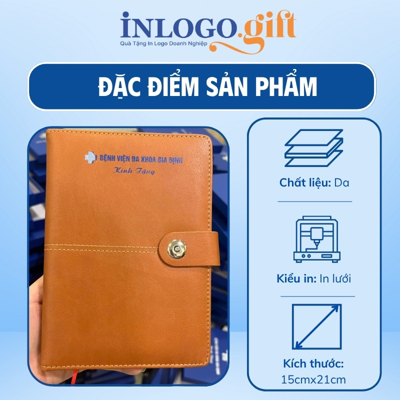 Sổ da in logo dán gáy khuy bấm màu nâu 15cmx21cm SD-03