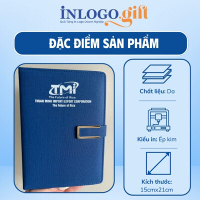Sổ da in logo dán gáy khuy bấm màu xanh đen 15cmx21cm SD-02