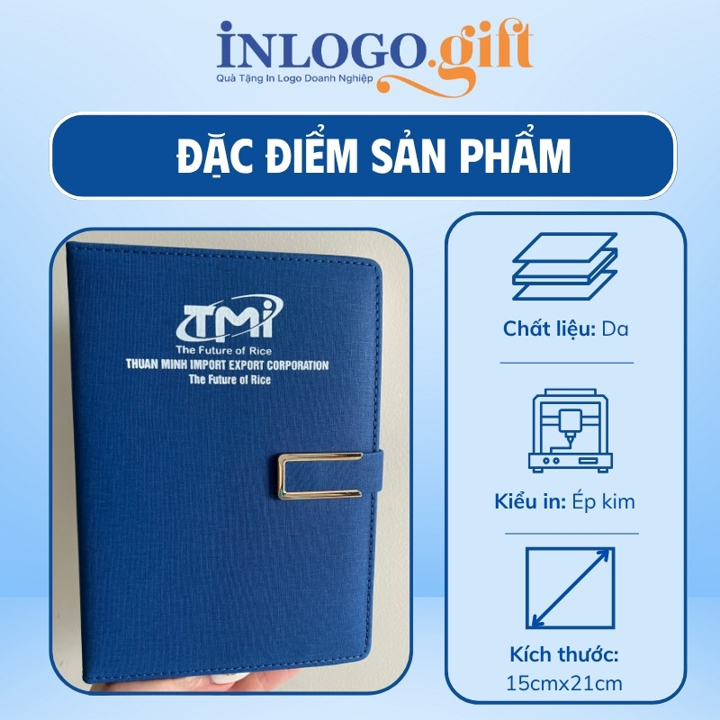 Sổ da in logo dán gáy khuy bấm màu xanh đen 15cmx21cm SD-02