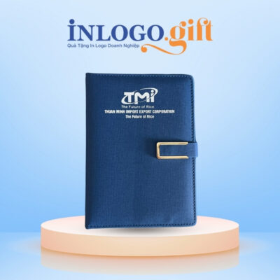 Sổ da in logo dán gáy khuy bấm màu xanh đen 15cmx21cm SD-02