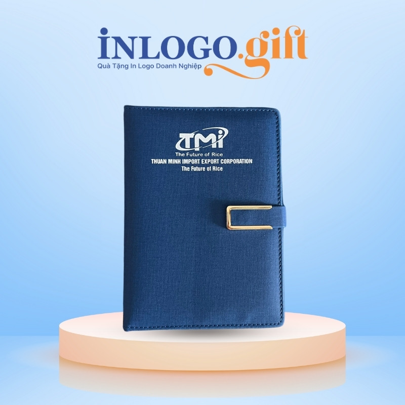 Sổ da in logo dán gáy khuy bấm màu xanh đen 15cmx21cm SD-02
