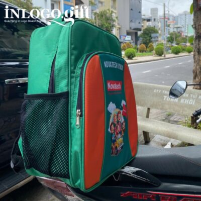 Balo in logo vải dù 900 PU màu xanh lá và cam 30x40x12cm BL-05