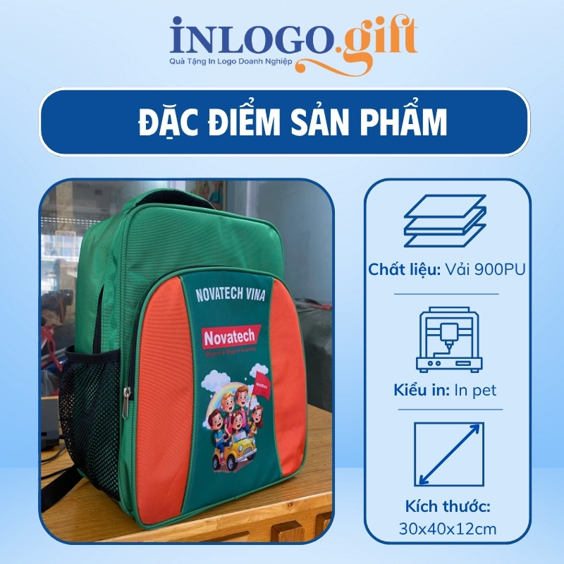 Balo in logo vải dù 900 PU màu xanh lá và cam 30x40x12cm BL-05