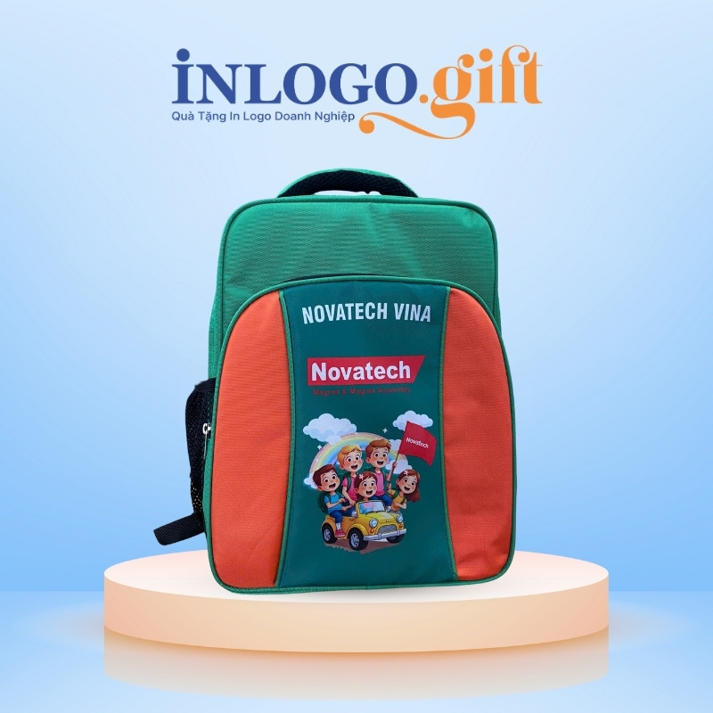 Balo in logo vải dù 900 PU màu xanh lá và cam 30x40x12cm BL-05