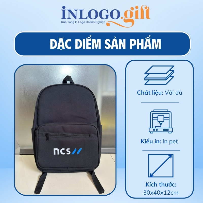 Balo in logo vải dù màu đen 30x40x12cm