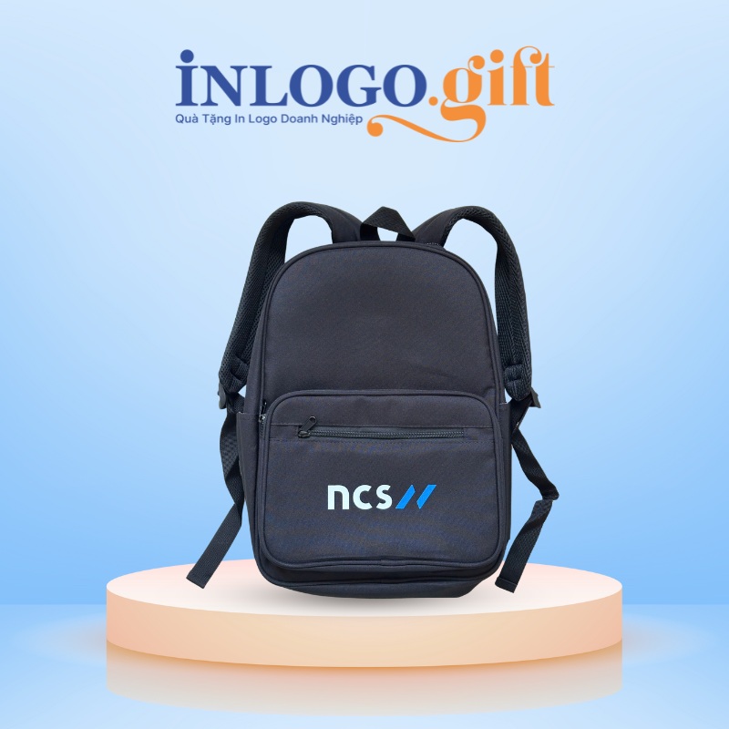 Balo in logo vải dù màu đen 30x40x12cm