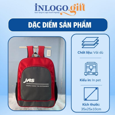 Balo in logo vải dù màu đỏ đen 35x25x10cm