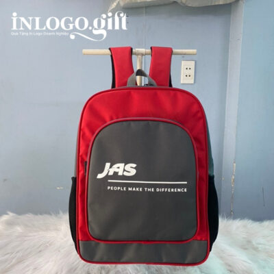 Balo in logo vải dù màu đỏ đen 35x25x10cm
