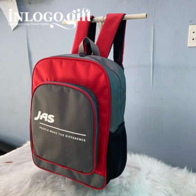Balo in logo vải dù màu đỏ đen 35x25x10cm