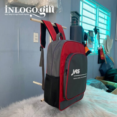 Balo in logo vải dù màu đỏ đen 35x25x10cm