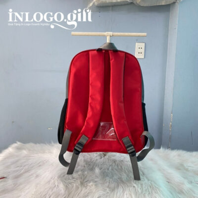 Balo in logo vải dù màu đỏ đen 35x25x10cm