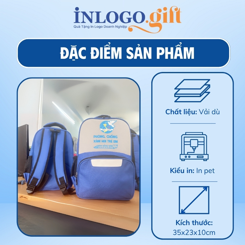 Balo in logo vải dù màu xanh dương 35x23x10cm