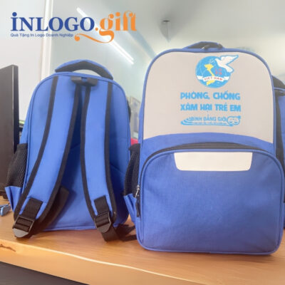 Balo in logo vải dù màu xanh dương và xám 35x23x10cm