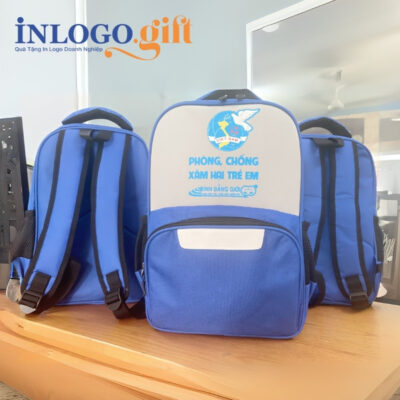 Balo in logo vải dù màu xanh dương và xám 35x23x10cm