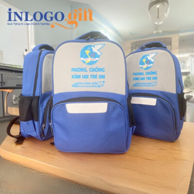 Balo in logo vải dù màu xanh dương và xám 35x23x10cm