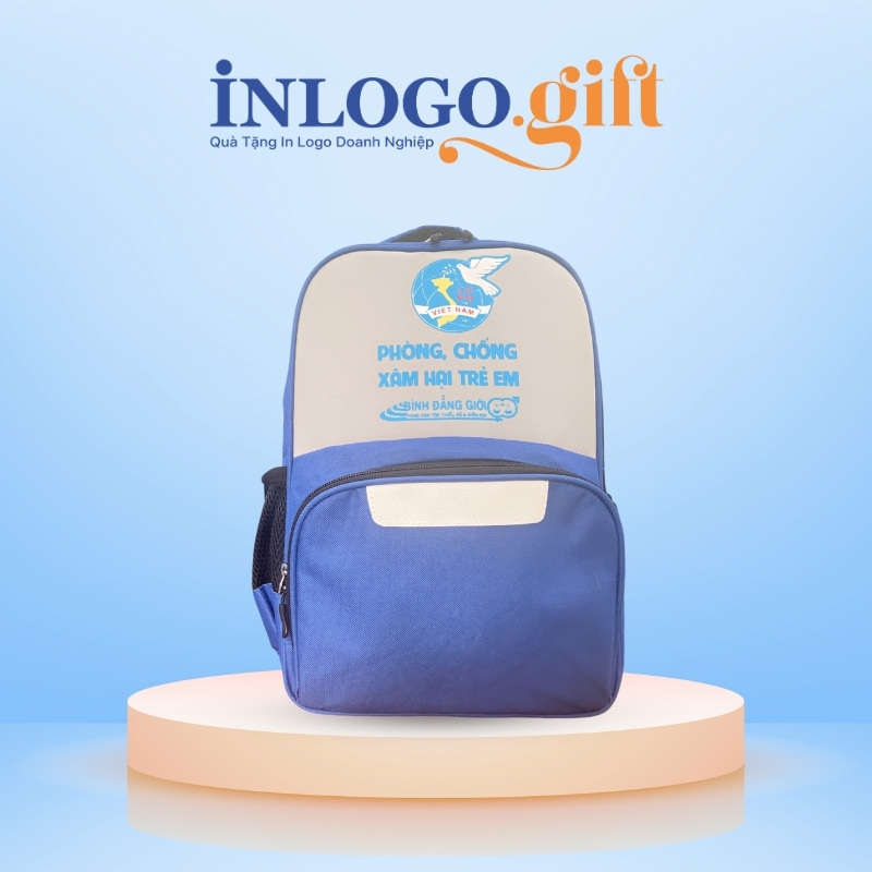 Balo in logo vải dù màu xanh dương 35x23x10cm
