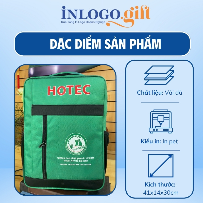 Balo in logo vải dù màu xanh lá 41x14x30cm