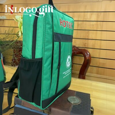 Balo in logo vải dù màu xanh lá 41x14x30cm