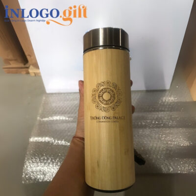 Bình giữ nhiệt in logo bọc vỏ tre nắp vặn 450ml BGN-05