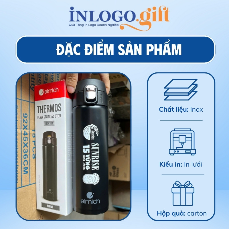 Bình giữ nhiệt in logo thương hiệu Elmich nắp bấm 500ml BGN-07