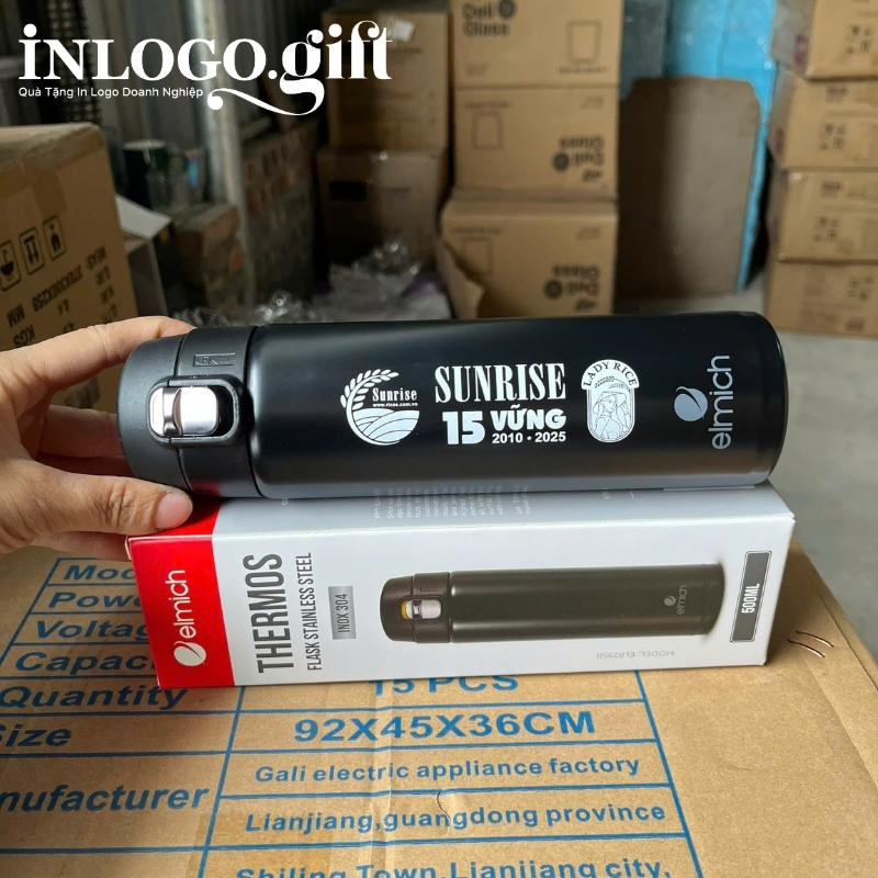 Bình giữ nhiệt in logo thương hiệu Elmich nắp bấm 500ml BGN-07