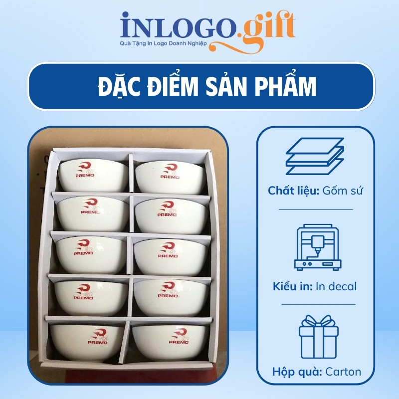 Bộ 10 bát cơm in logo màu trắng