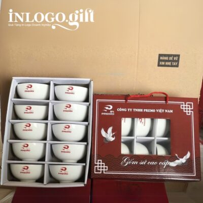 Bộ 10 bát cơm in logo màu trắng