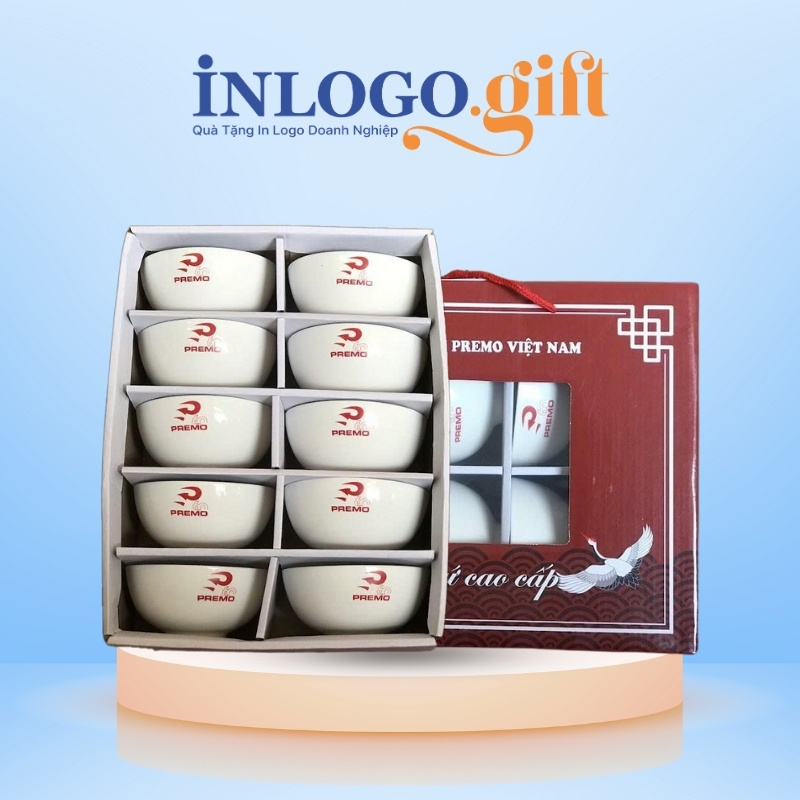 Bộ 10 bát cơm in logo màu trắng