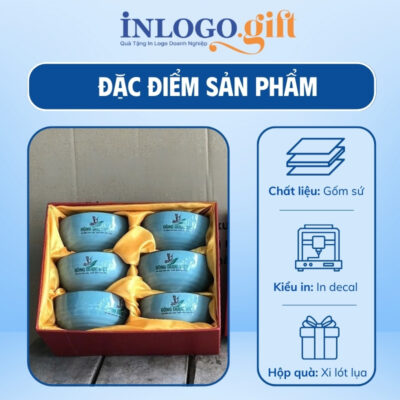 Bộ 6 bát cơm in logo màu xanh lam họa tiết hoa mai trắng