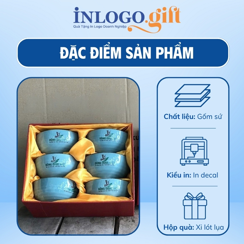 Bộ 6 bát cơm in logo màu xanh lam họa tiết hoa mai trắng