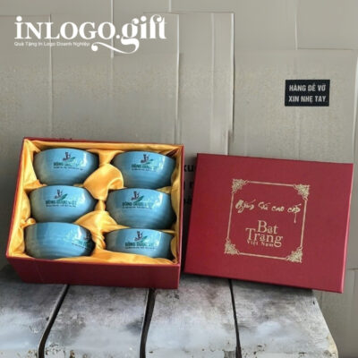 Bộ 6 bát cơm in logo màu xanh lam họa tiết hoa mai trắng