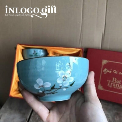 Bộ 6 bát cơm in logo màu xanh lam họa tiết hoa mai trắng